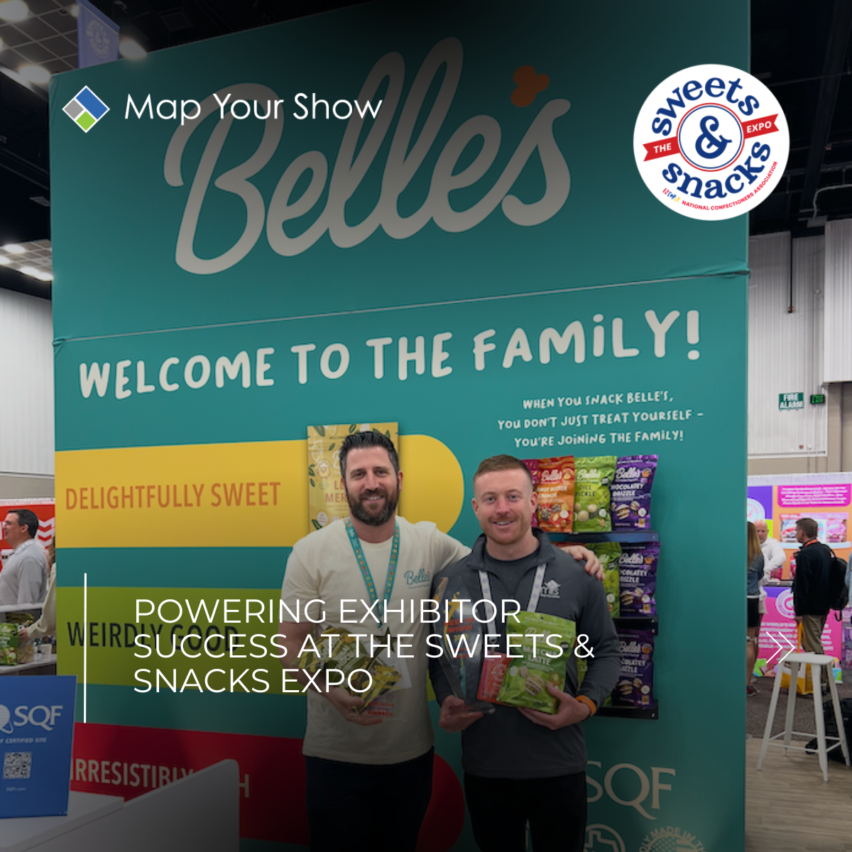 Powering Exhibitor Success at The Sweets and Snacks Expo 2025. Map Your Show Event Management Technology and exhibitor highlight from Belle's Popcorn
